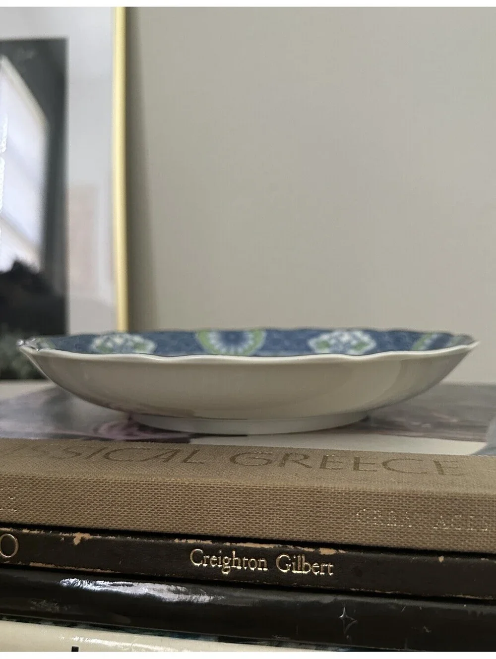 Vintage Japanese Porcelain Shallow Bowl From Hijiri Gama Kiln Blue Green Floral